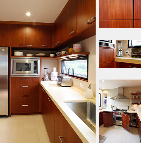 View portion of kitchen. Subset photos of cabinet details and shelving.