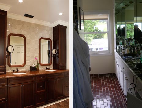 View of the bathroom counter and mirror, before and after.